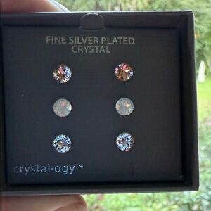 Crystalogy New in Box Fine Silver Plated Crystal Stud Earrings Set